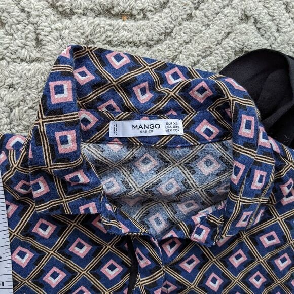 Mango Abstract Print Navy Pink Blouse With Bow Tie Neck Top Viscose XS @V - Picture 8 of 12